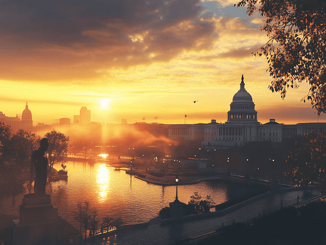 A dramatic image of the US Capitol building at sunset, symbolizing a new chapter in American politics