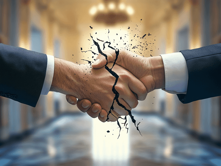 A symbolic image of a handshake breaking apart, representing fractured diplomatic ties.