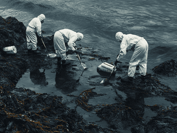 Workers in hazmat suits cleaning up oil from a contaminated shoreline