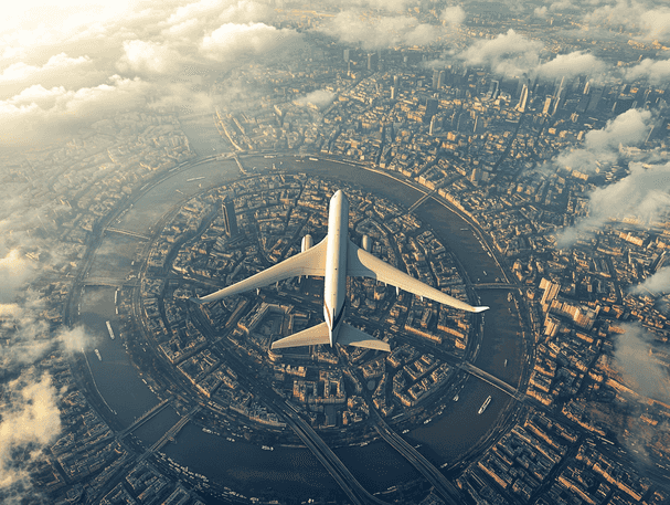 An aerial view of a plane flying in a circular holding pattern over a city