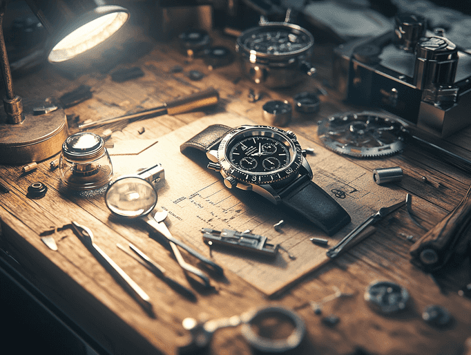 A collector admiring a Breitling watch in a luxurious boutique setting.