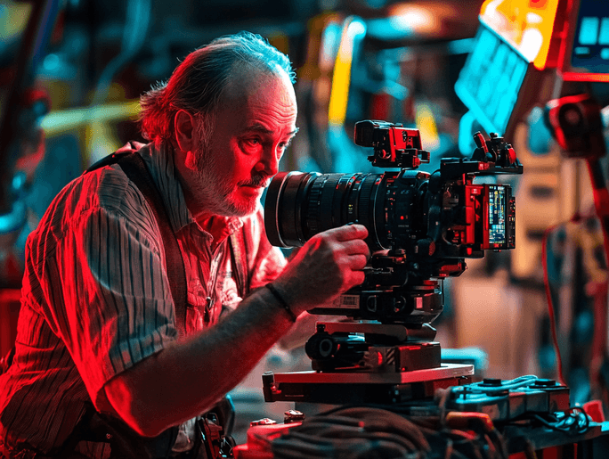 A film director working behind the camera on a movie set
