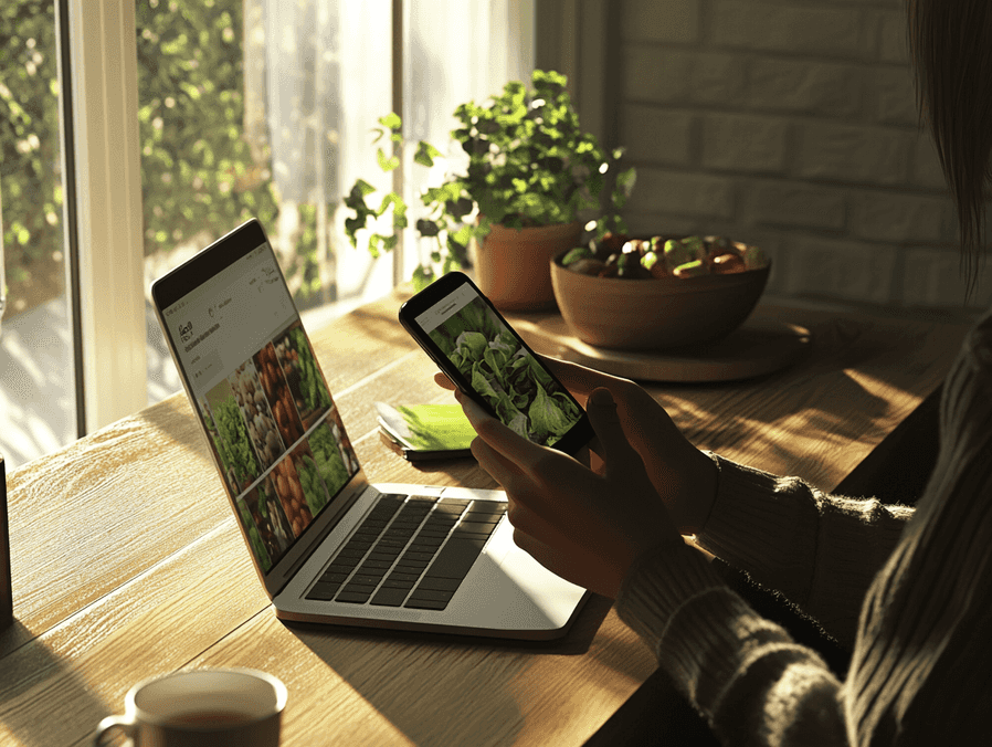 A delivery driver holding a bag of groceries outside a modern home