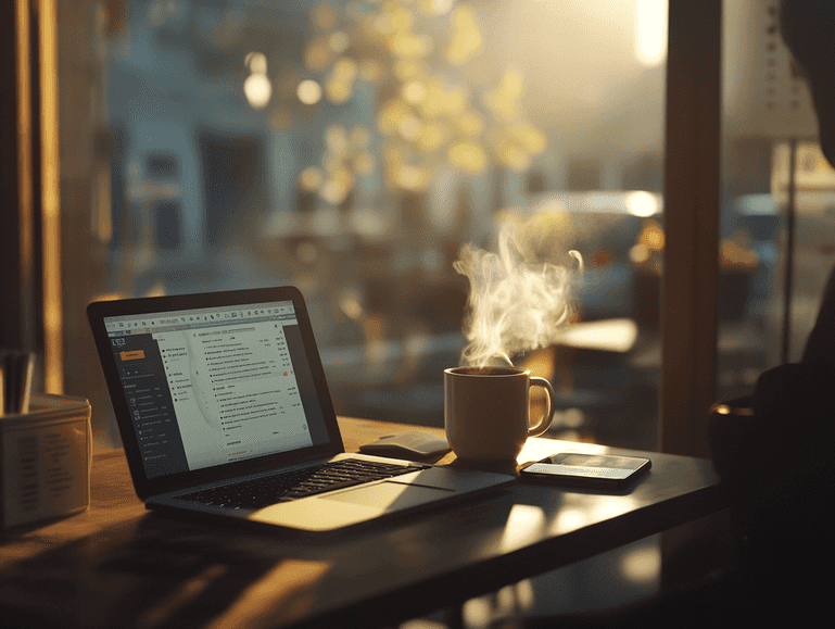 A traveler booking flights on a laptop with a coffee in hand