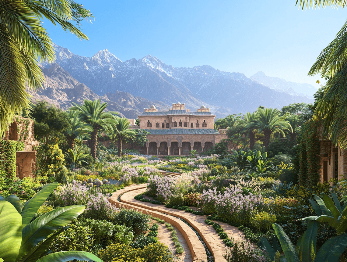 A lush Moroccan garden with vibrant flowers and a mountain backdrop