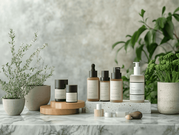 A collection of luxurious beauty products displayed on a marble counter