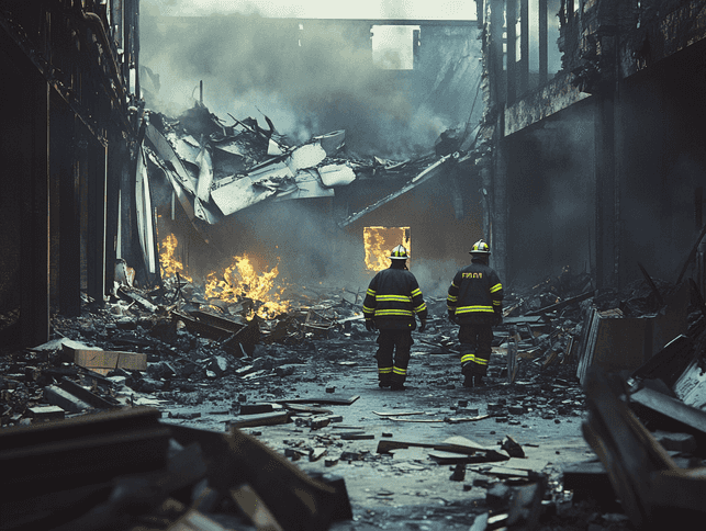 Fire safety inspectors examining a damaged building post-fire