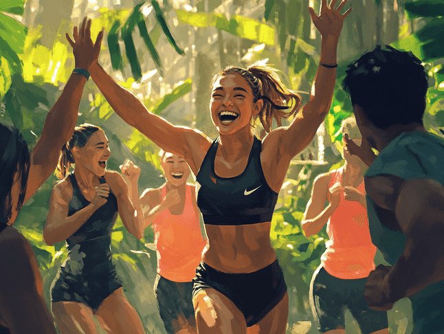 A group of friends laughing and high-fiving after a successful outdoor workout
