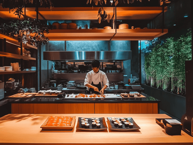 A bustling street in Singapore's shopping district with food stalls and diners enjoying meals