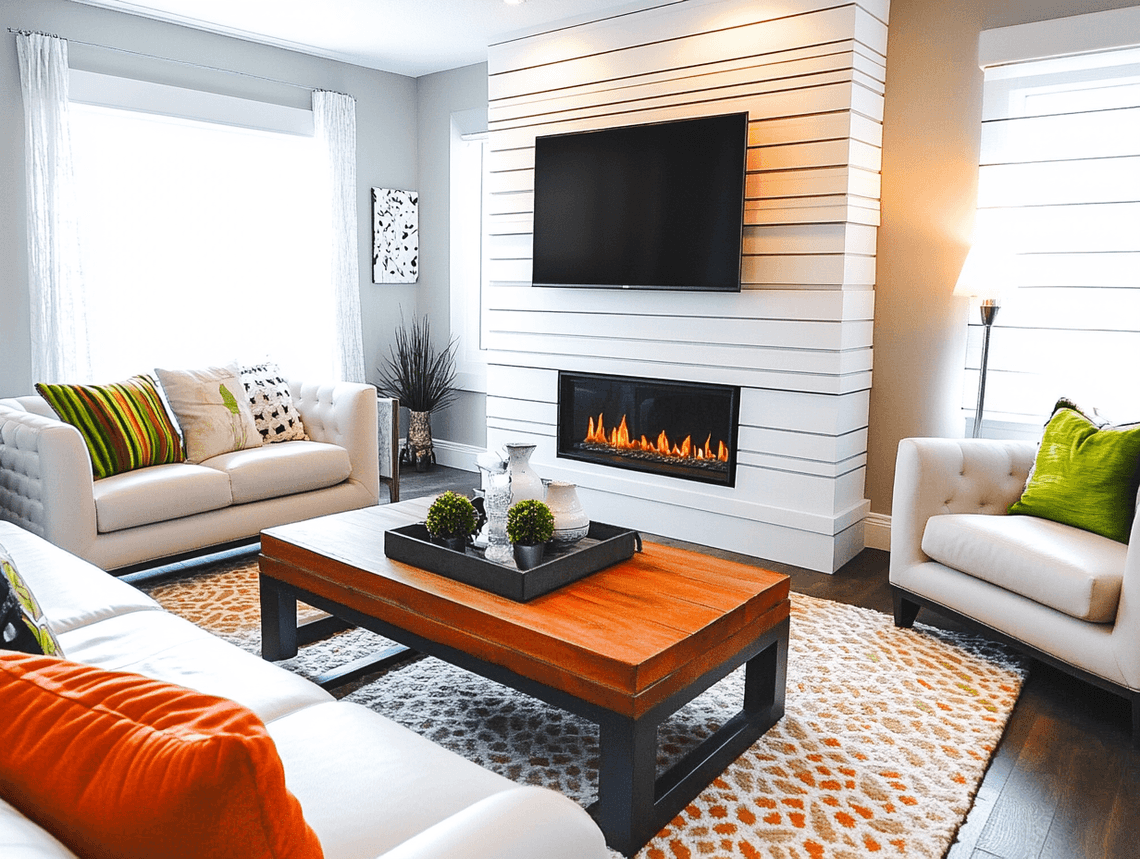 A cozy living room featuring green accents and modern furniture