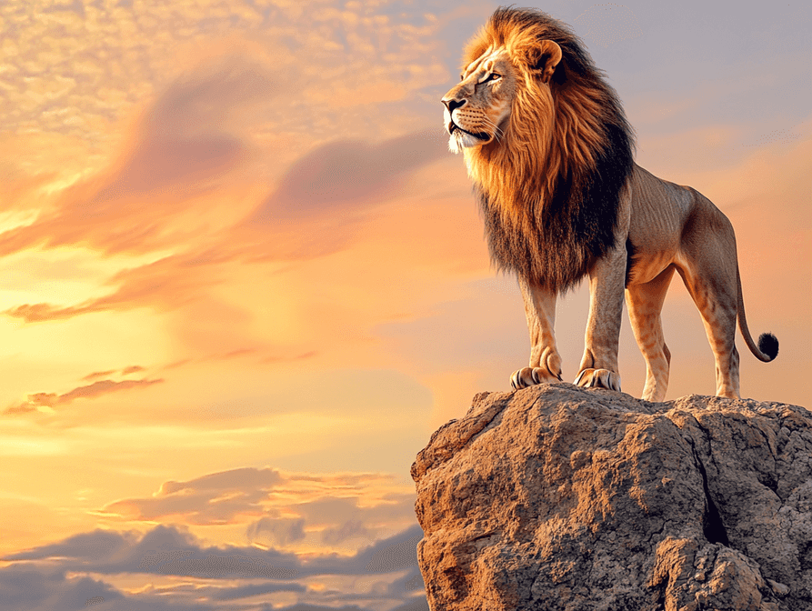 A roaring lion standing on a cliff during sunrise, symbolizing Mufasa's legacy