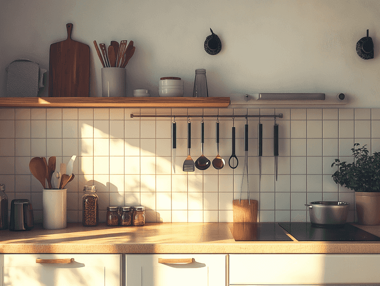 A clean and organized kitchen with neatly arranged utensils and appliances