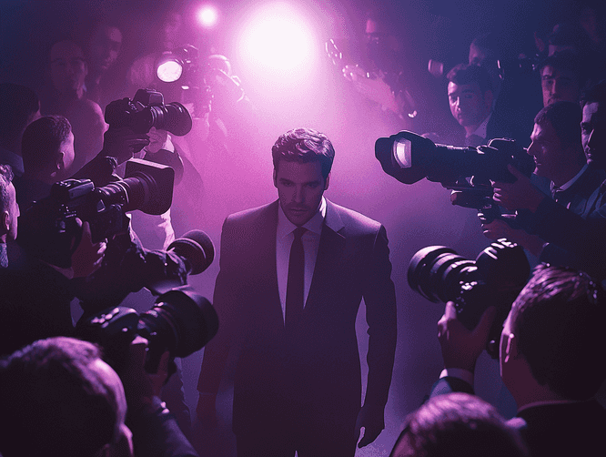 A dramatic photo of a celebrity event with intense lighting and a crowd in the background