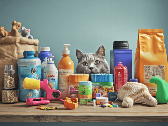 A happy pet owner shopping online for pet supplies on a tablet