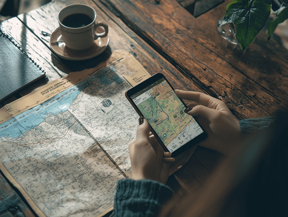 A traveler using a smartphone to plan a trip with a map and coffee on the table