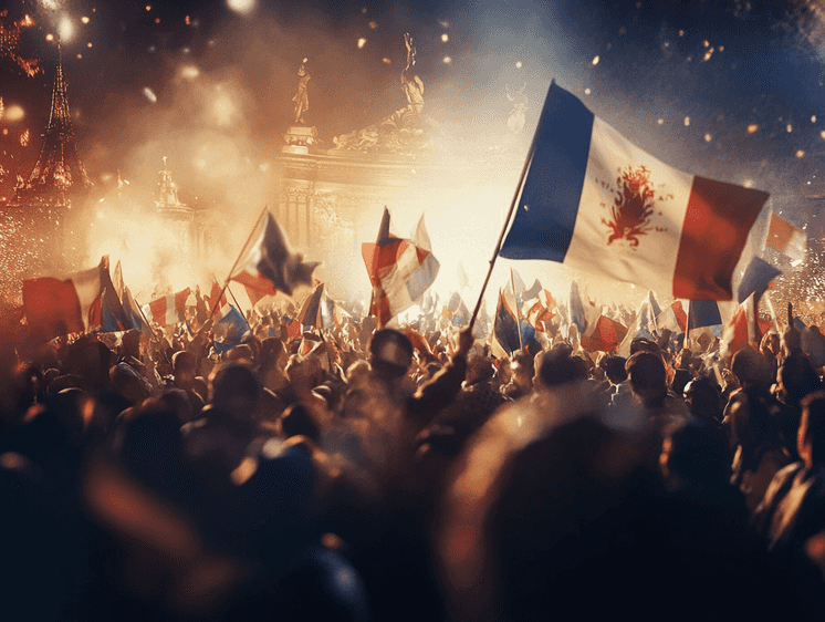 A crowd of far-right supporters waving flags at a political rally
