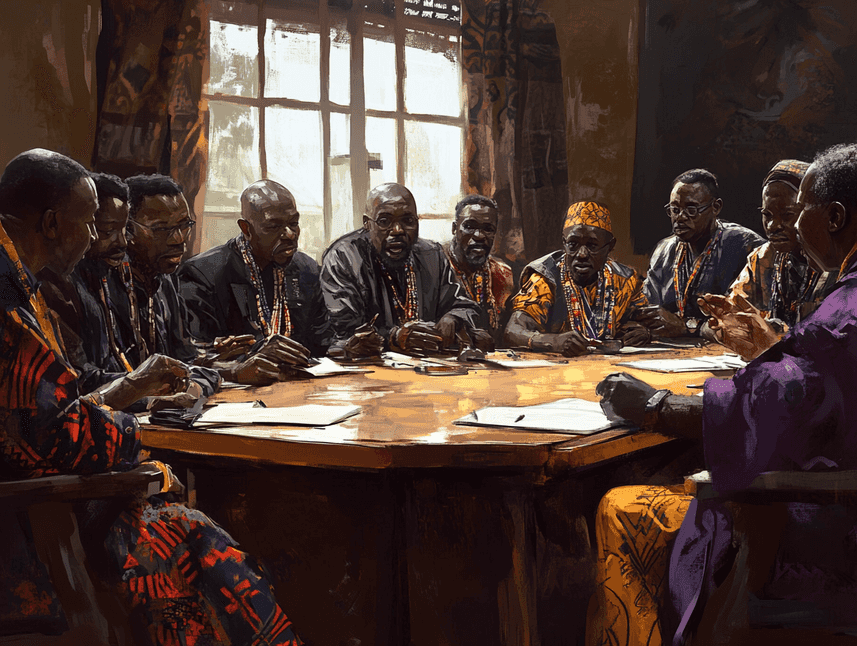 A photorealistic image of a political meeting in Africa