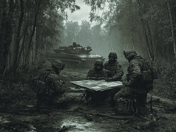 Aerial view of the Kursk region with military vehicles and strategic locations highlighted