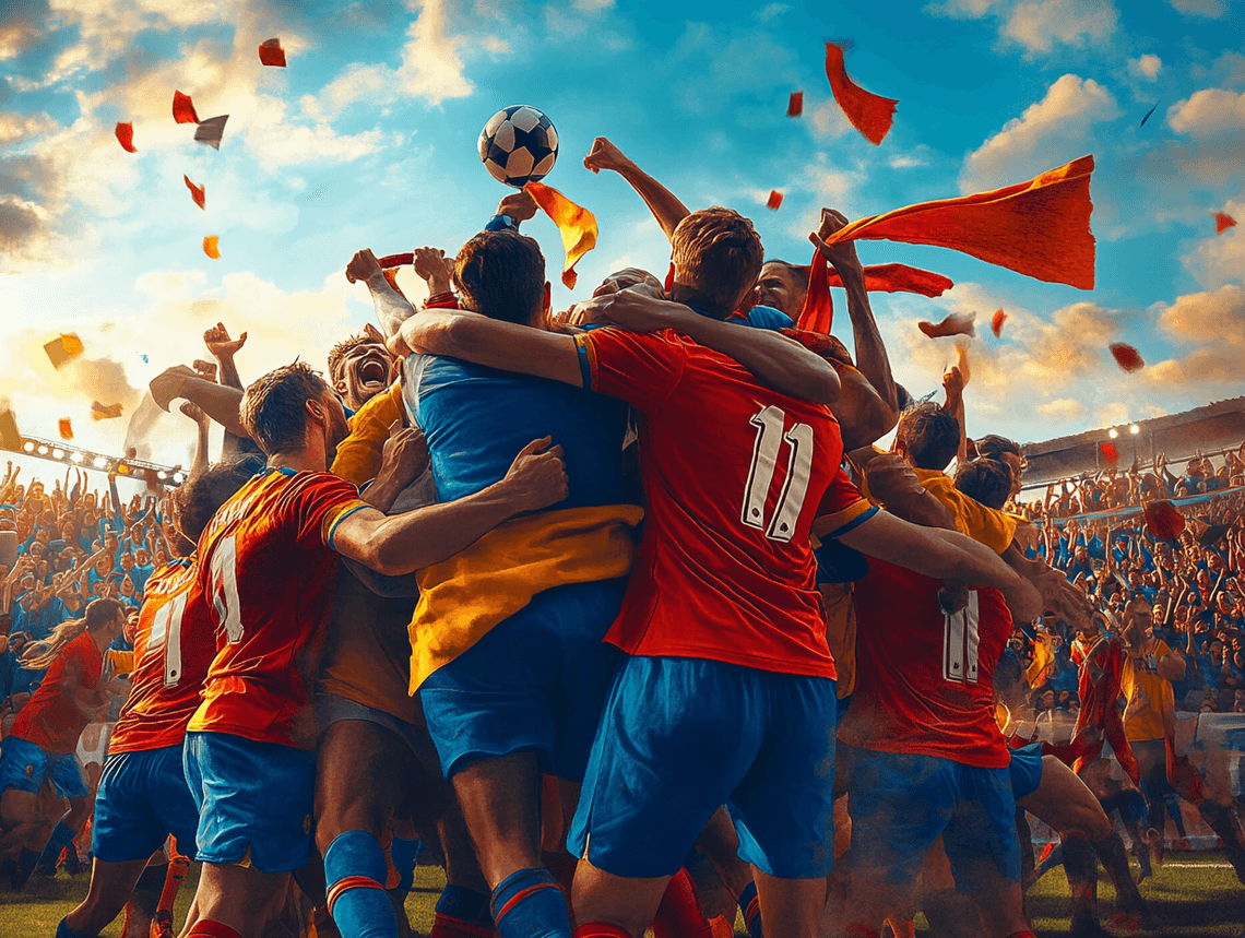 A football team celebrating a goal, with fans cheering in the background