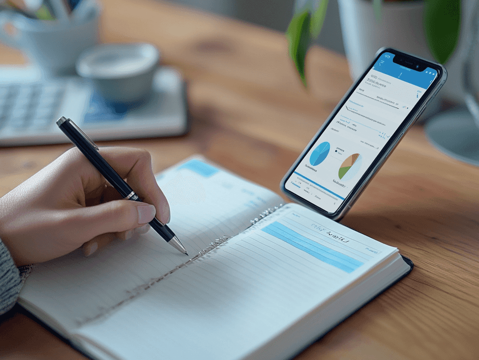 A close-up of a person writing financial goals in a journal