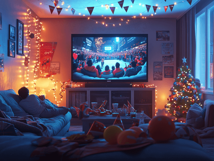 Times Square New Year's Eve celebration with fireworks and a crowd