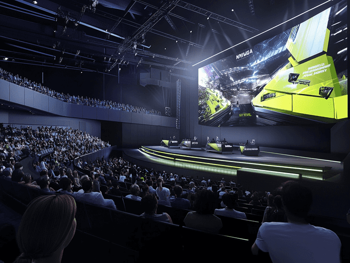 A futuristic CES stage with tech enthusiasts eagerly awaiting announcements