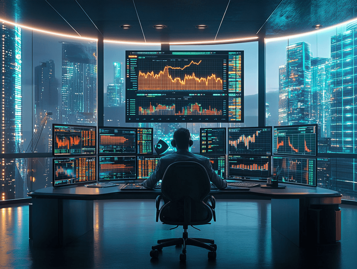 A bustling cityscape in an emerging market, with skyscrapers and busy streets