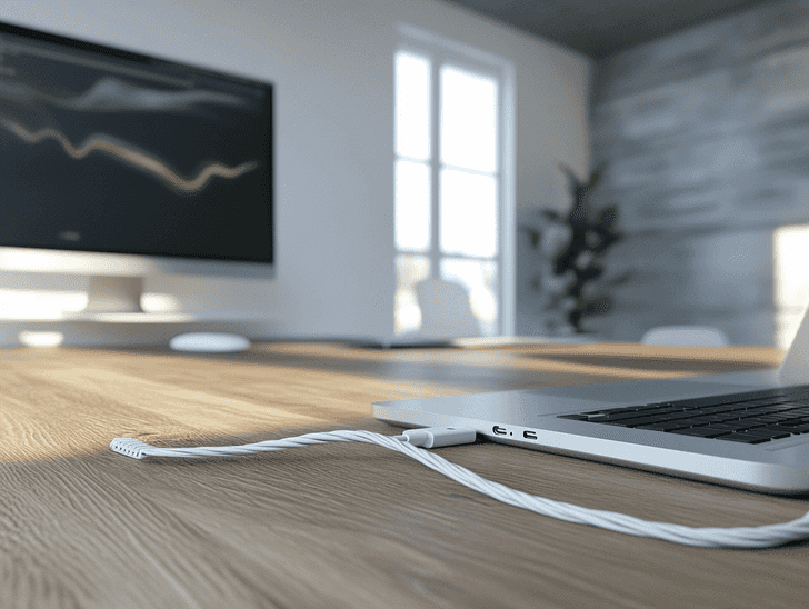 A sleek Thunderbolt 4 alternative cable on a desk with a laptop and external monitor