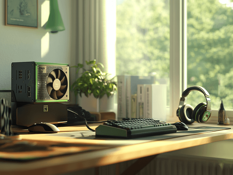 A retro Nvidia GPU displayed on a desk with gaming accessories