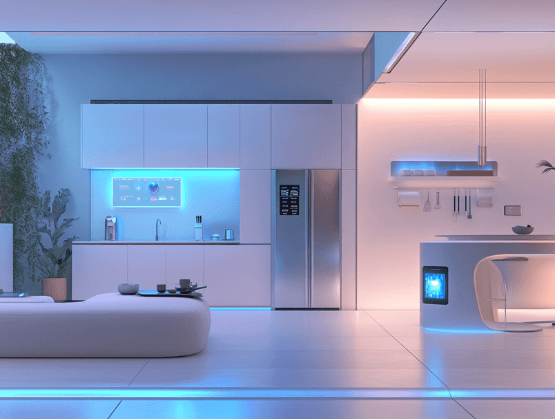 A futuristic smart home setup with interconnected AI devices