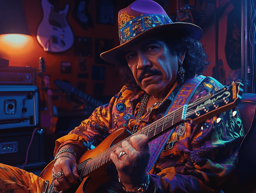 Carlos Santana performing under bright stage lights
