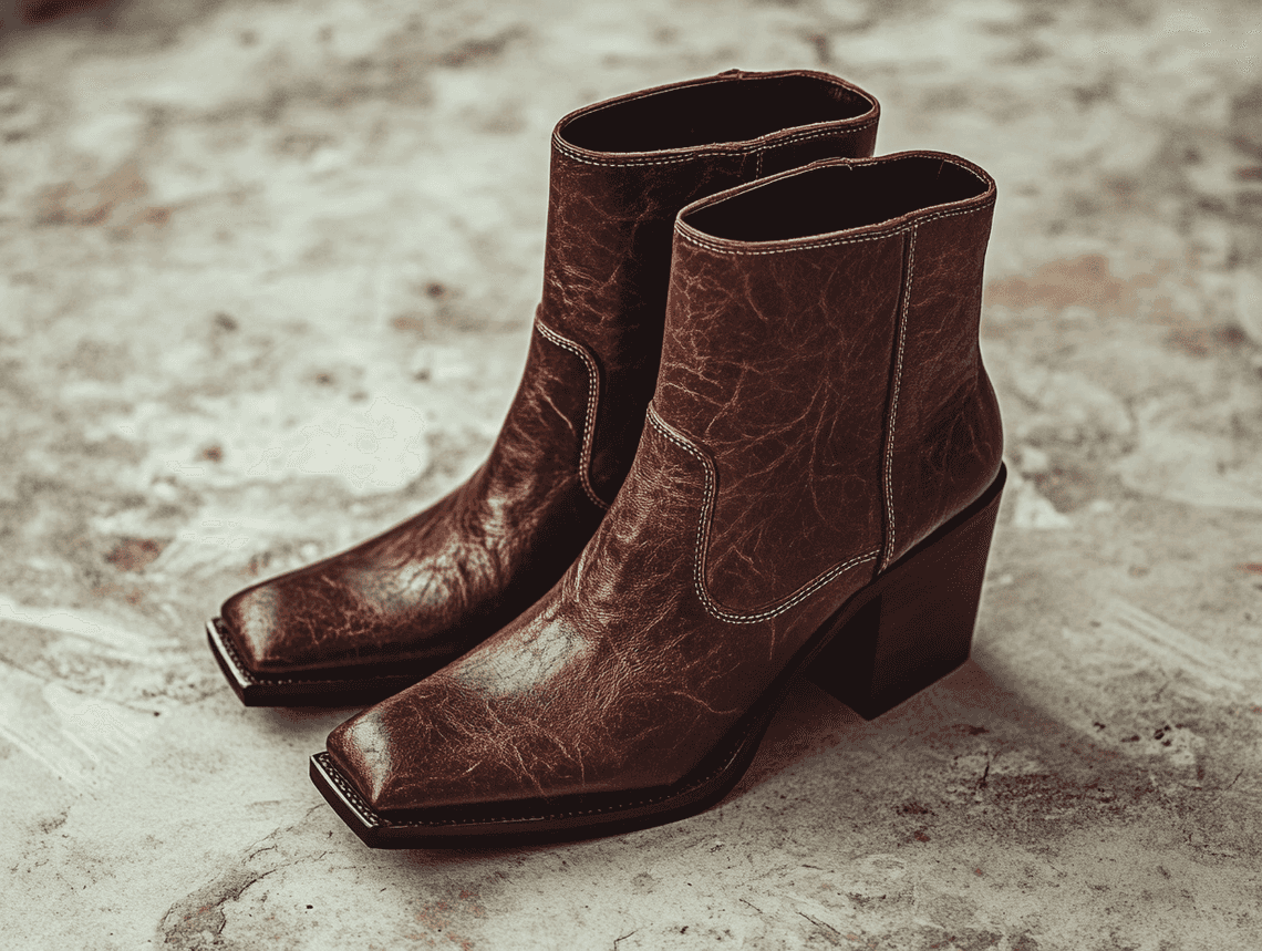 A close-up of square toe boots with a textured leather finish