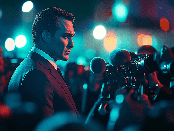 A celebrity addressing a crowd of reporters with a serious expression