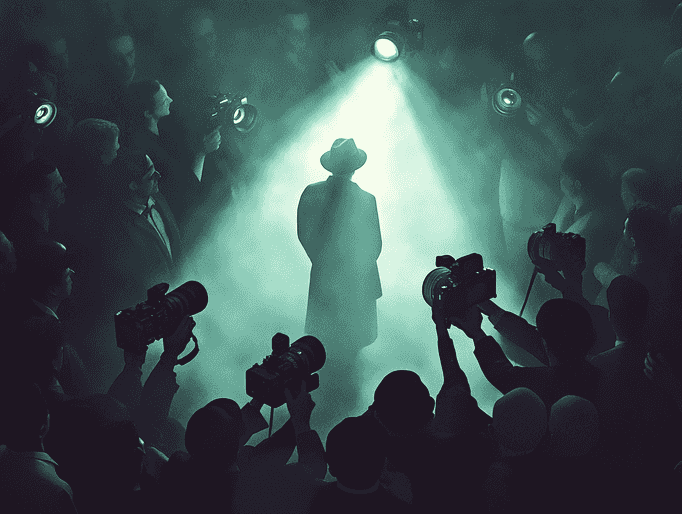 A dramatic Hollywood scene with flashing paparazzi cameras and a mysterious figure in the spotlight