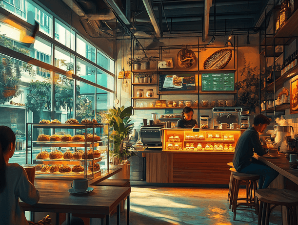 A cozy café with customers enjoying desserts and coffee