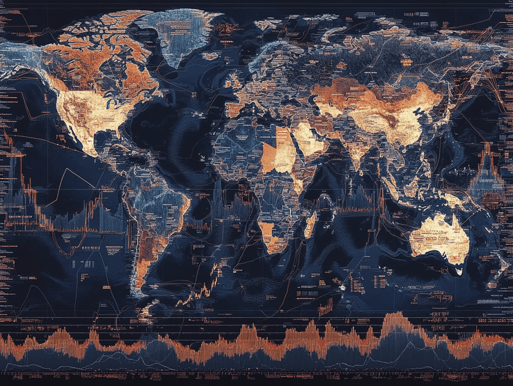 A world map with financial data overlays
