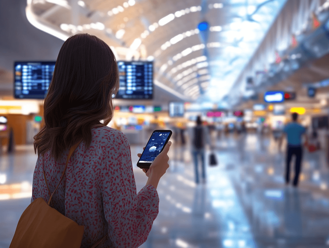 A traveler using a smartphone app to navigate through an airport