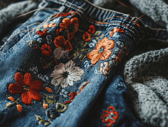 Close-up of embroidered denim jeans with floral patterns