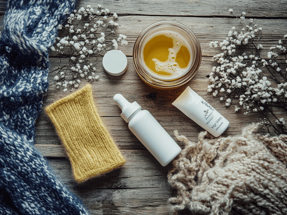 A flat lay of skincare products, vitamins, and a steaming cup of herbal tea