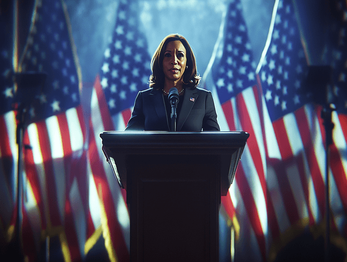 A striking image of Kamala Harris speaking at a podium, looking composed yet serious