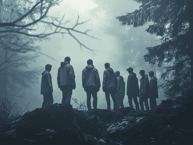 A group of contestants in a tense discussion around a table