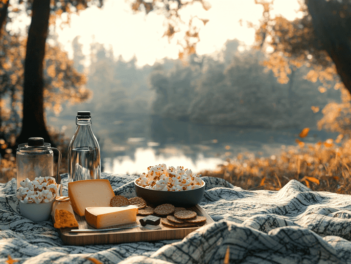 A picnic setup with road trip snacks laid out on a blanket in a scenic outdoor location