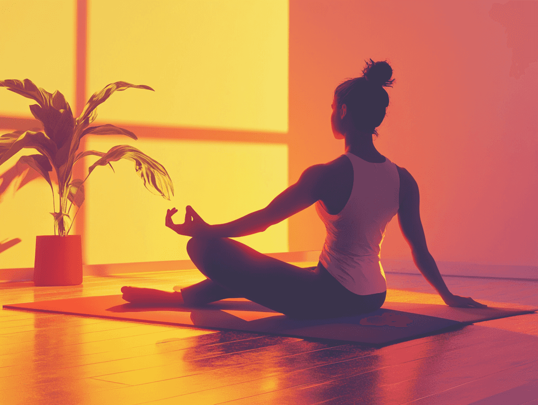A person performing a seated twist stretch on a yoga mat