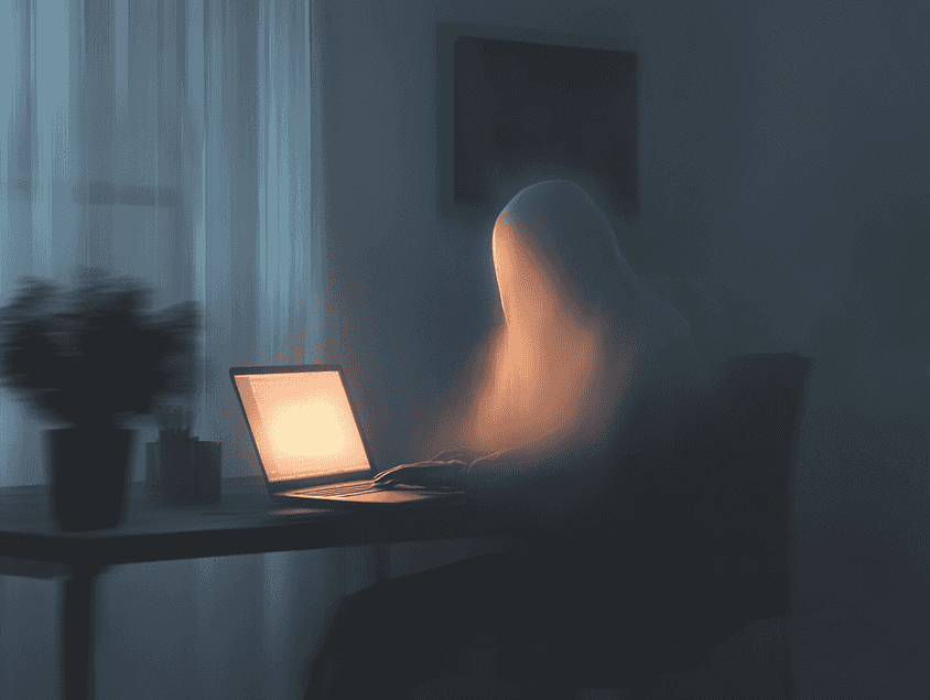 A blurred image of a person with a laptop, symbolizing online privacy concerns