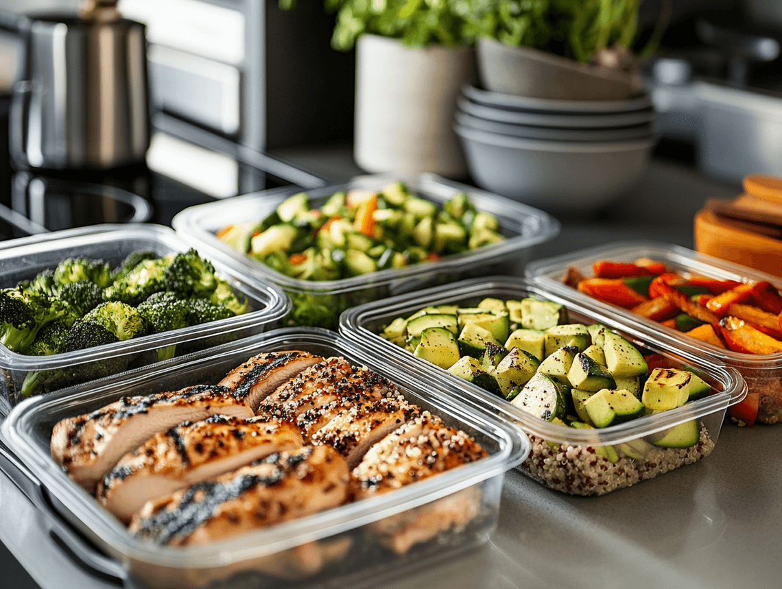 A meal prep setup with healthy proteins, vegetables, and grains