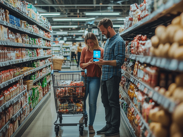 A person using a smartphone to browse grocery deals with an AI app