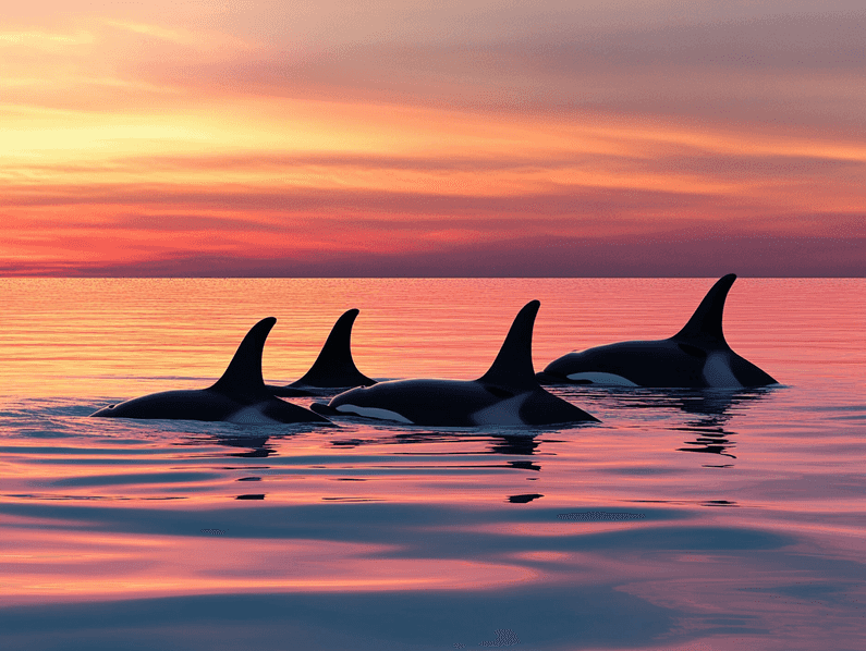 A serene ocean sunset with an orca pod swimming together, symbolizing hope and unity