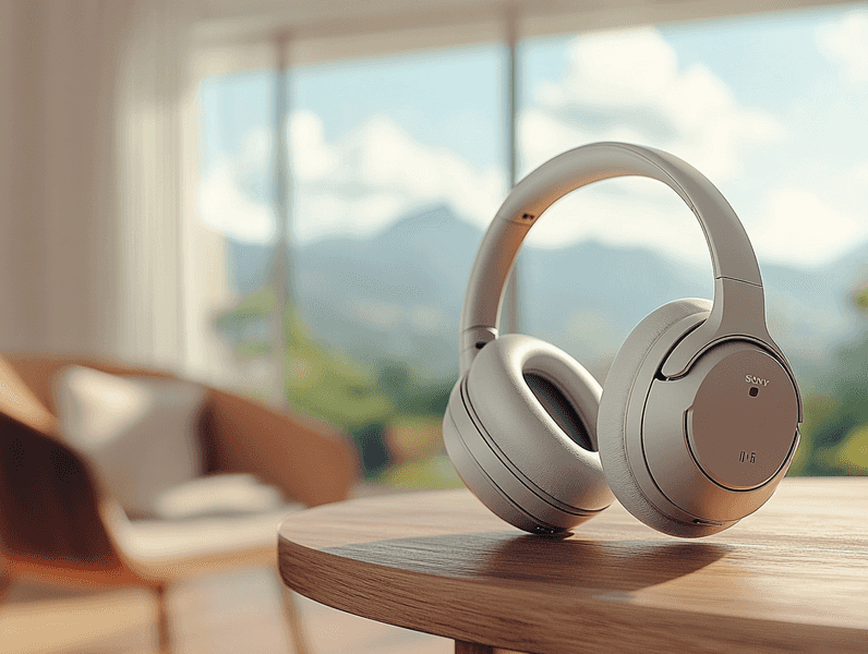 A pair of Sony headphones placed on a wooden table with a modern background