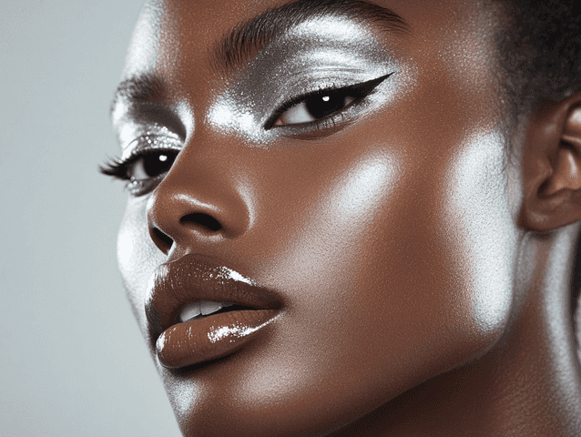 A close-up of a model wearing silver eye makeup with a bold, glamorous look