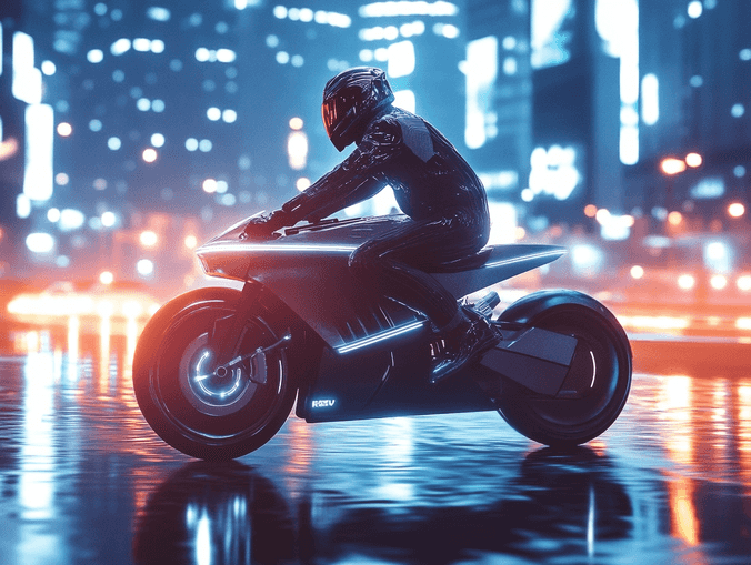 A sleek electric motorcycle with futuristic design parked on a scenic road with mountains in the background